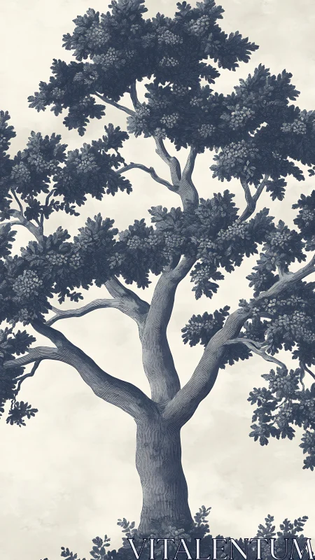 Stoic inked oak stretching skyward in quiet reverie.