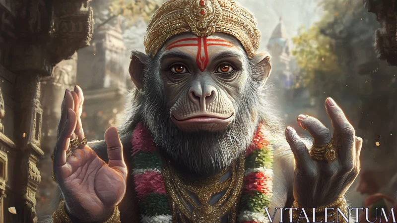 Serene monkey deity blesses an ancient sun-warmed temple courtyard.