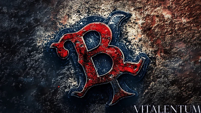 Corroded red gothic B emblem on textured metallic substrate.