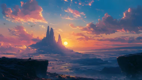 Dreamy alien sunset over crystal spires and soft seas.