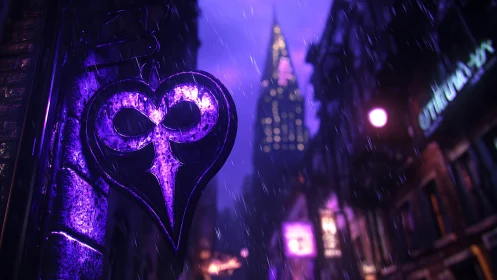 Neon heart mask sign glows over rainy cyberpunk street