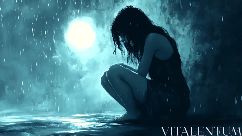 Solitary figure sits in rain against diffuse circular backlight