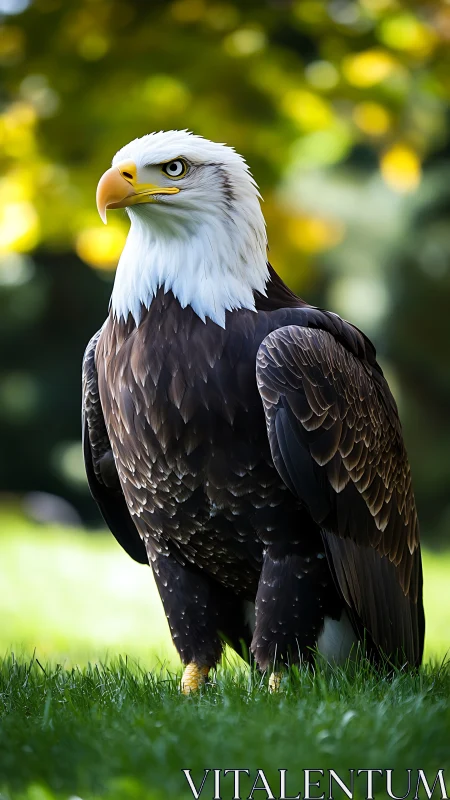 Bald eagle stands alert on grass with blurred foliage background