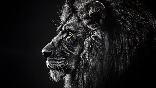 Profile study of a black lion against a dark background.