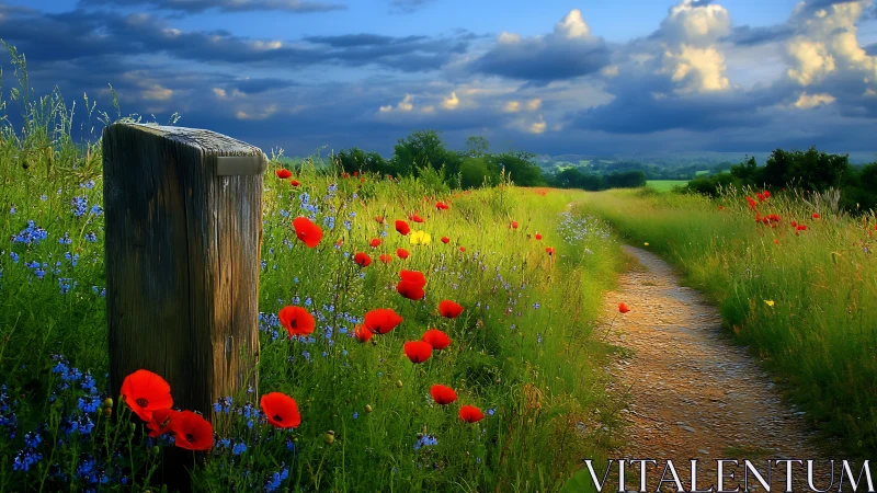 Wild poppies escort a sunlit path beneath brooding clouds