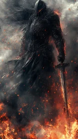 Infernal armored wraith emerging through embers and smoke.