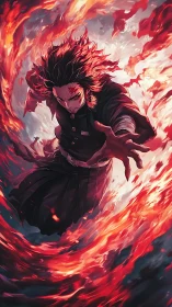 Anime warrior controlling swirling red flames in air.