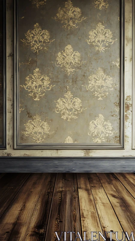 Weathered damask wall panel with aged hardwood floorboards