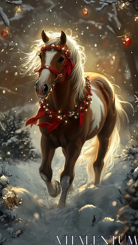 Equine biomechanics in luminous winter holiday motion study.