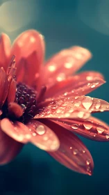 Crimson Petals Adorned with Liquid Jewels Against Teal.