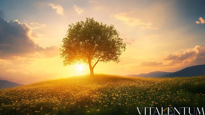 Golden meadow sunrise warmly embraces a solitary hilltop tree