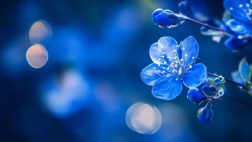 Blue flowers with bokeh background and water droplets