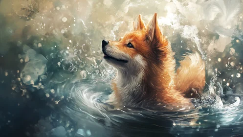 Digital painting of fox dog in luminous swirling waterfield.
