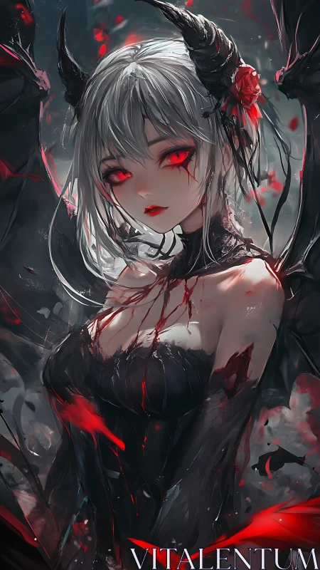 Demonic anime temptress stands amid swirling bloodlit shadows