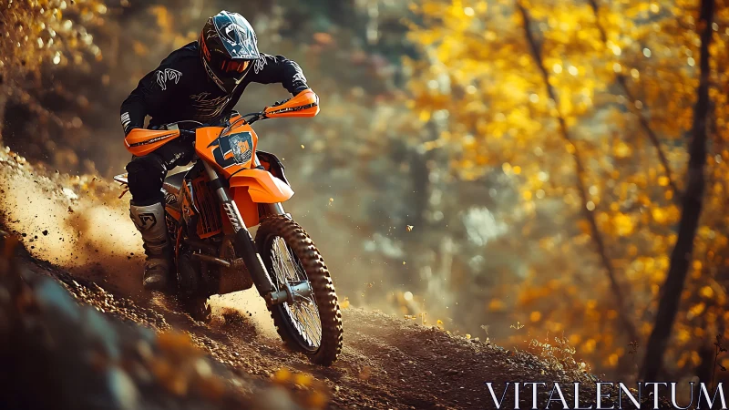 Motocross rider carves through golden autumn forest trail
