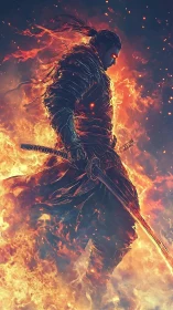 Flaming samurai warrior strides through consuming firestorm