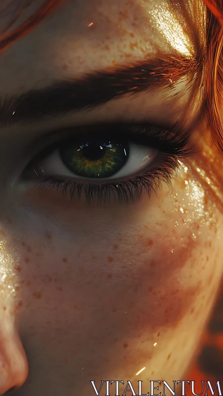 Freckled green eye glows in warm cinematic close-up view.
