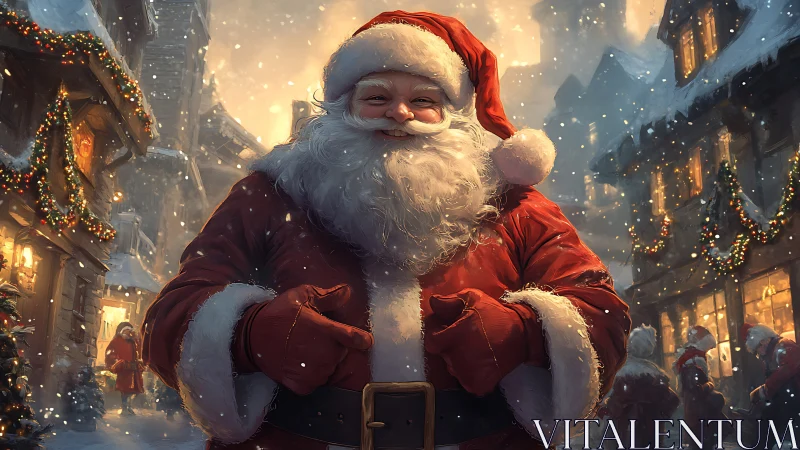 Digital painting portrait of Santa in festive street scene.