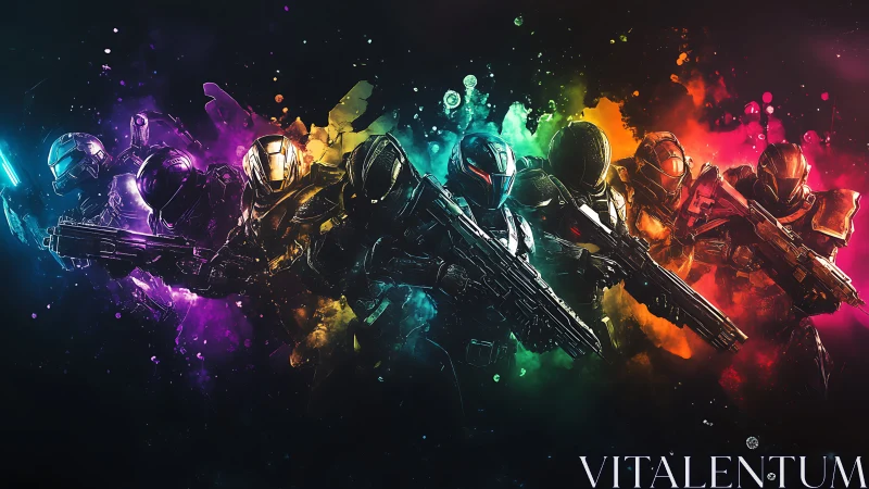 Rainbow armored soldiers stand ready in neon space haze.