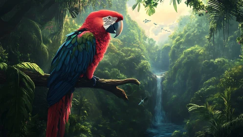 Scarlet macaw rendered in high-detail rainforest waterfall vista