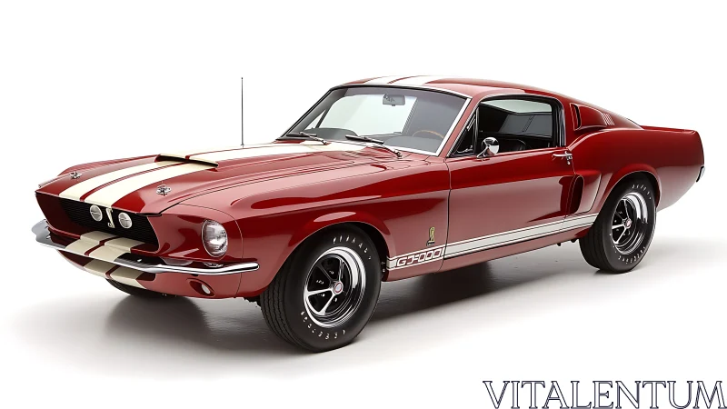 Classic red fastback muscle car with dual racing stripes.