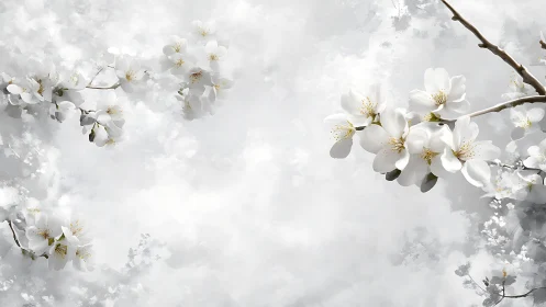 White blossoms with golden stamens on branches, soft atmospheric background