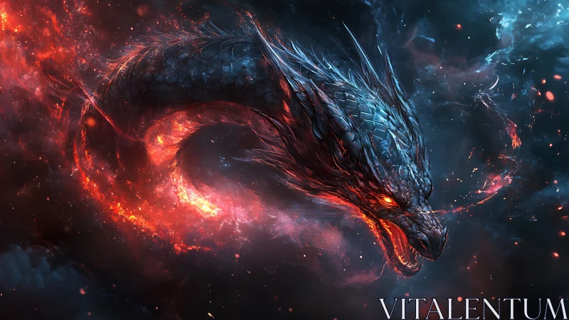 Cosmic inferno serpent coils through stormlit stardust sky.