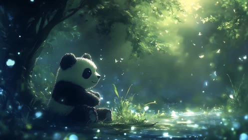 Panda sitting by glowing forest stream in soft light.