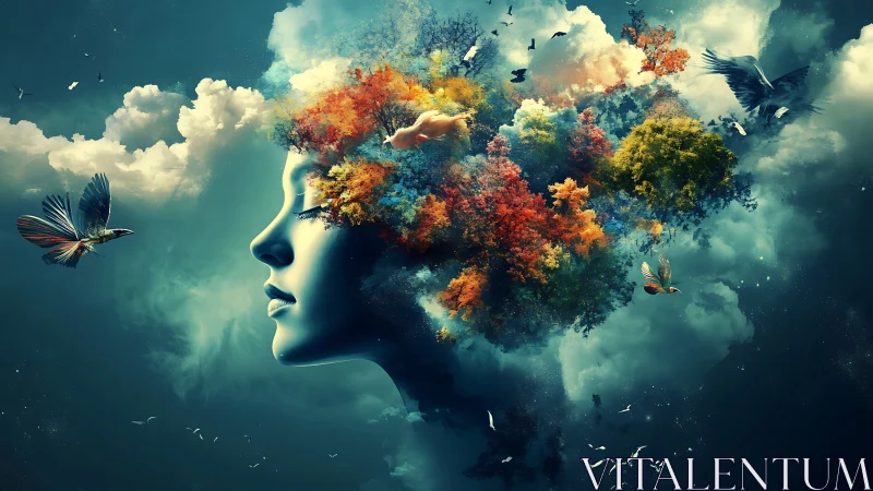 Human profile merges with cloudscape and multicolor foliage