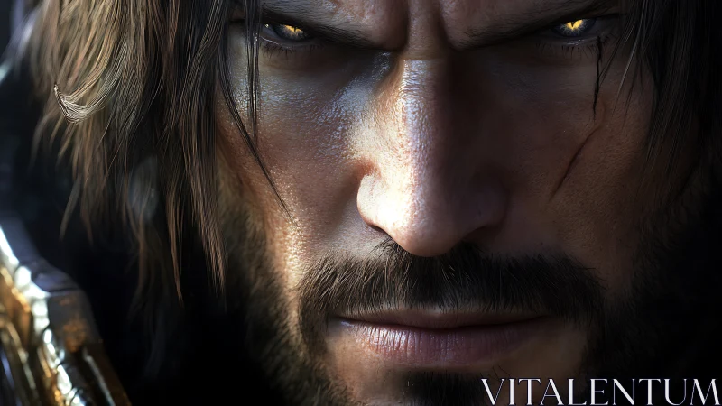 Battle-scarred warrior stares ahead with fierce golden resolve