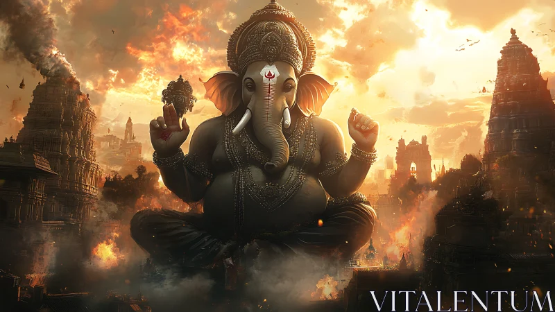 Colossal Ganesha deity in fiery temple cityscape at sunset