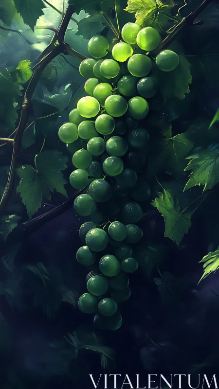 Sunlit green grapes hang in a lush, shadowed vineyard
