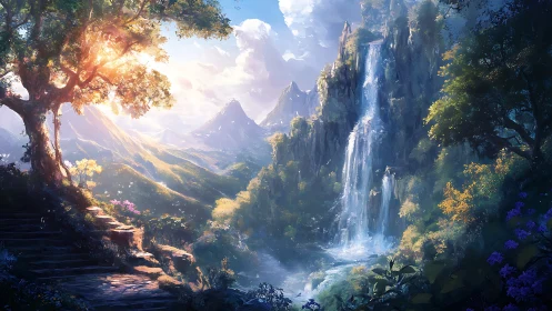 Mountain valley landscape with waterfall and stair path.