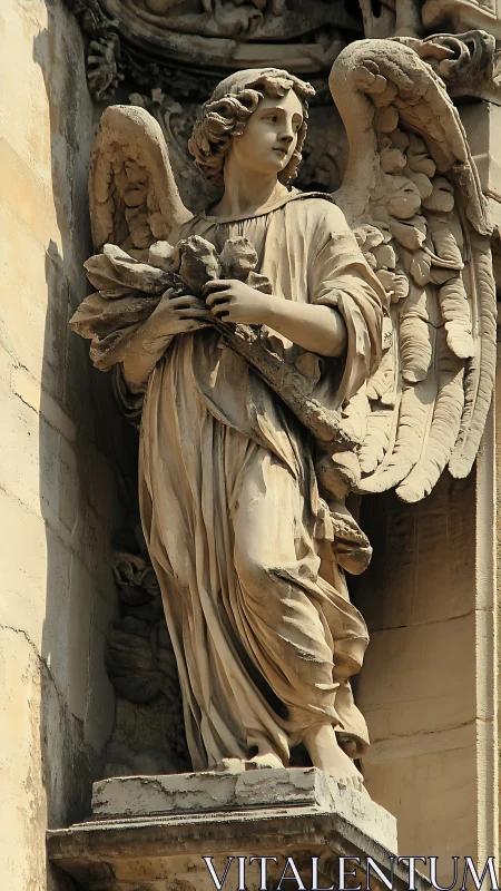Stone cathedral angel sculpture with draped robes and wings