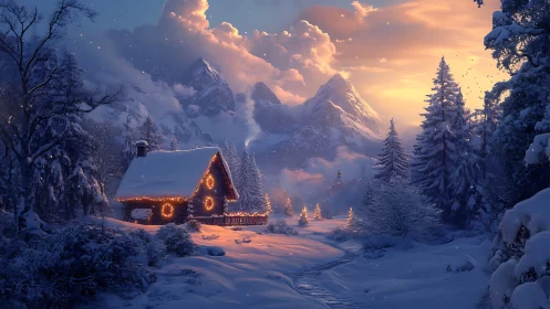 Snow-covered cabin stands before illuminated alpine mountains