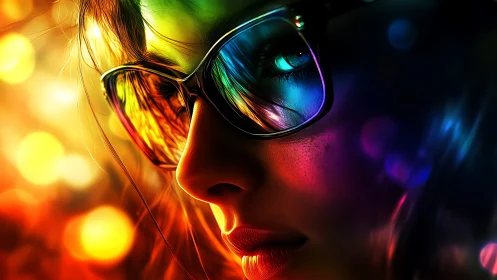 Neon-lit portrait in close-up renders reflective glasses dramatically