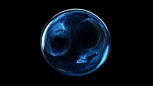 Abstract blue glass sphere with fluid light effects on black background.