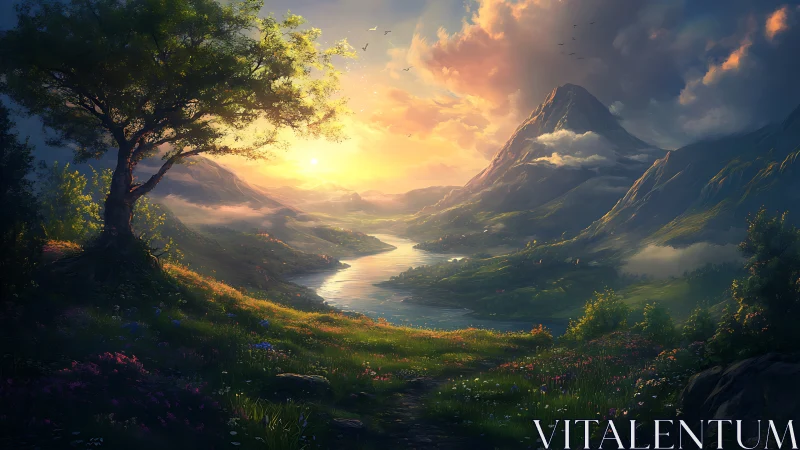 Luminous alpine valley at sunrise with atmospheric depth rendering.