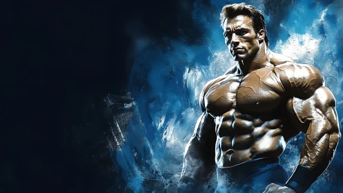 Bronze titan of muscle storms through electric blue void.