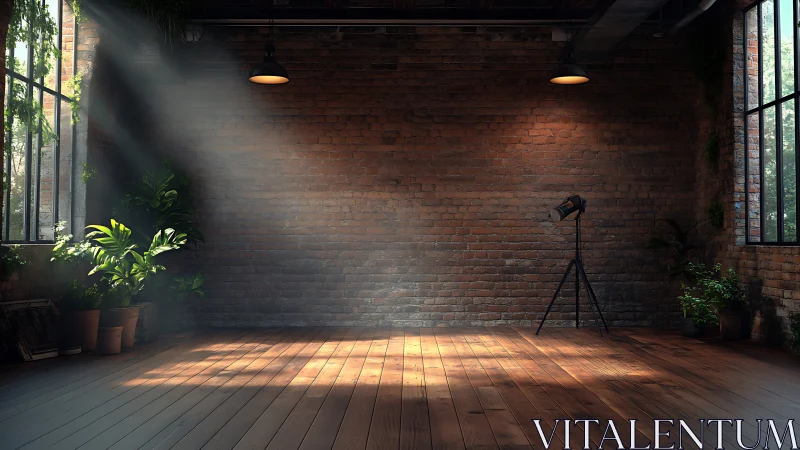 Sunlit brick studio corner with plants and quiet charm.