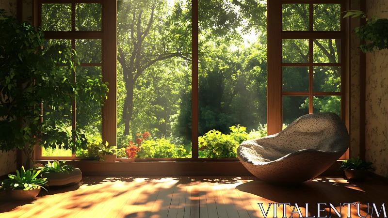 Sunlit garden-view lounge with sculptural modern chair.