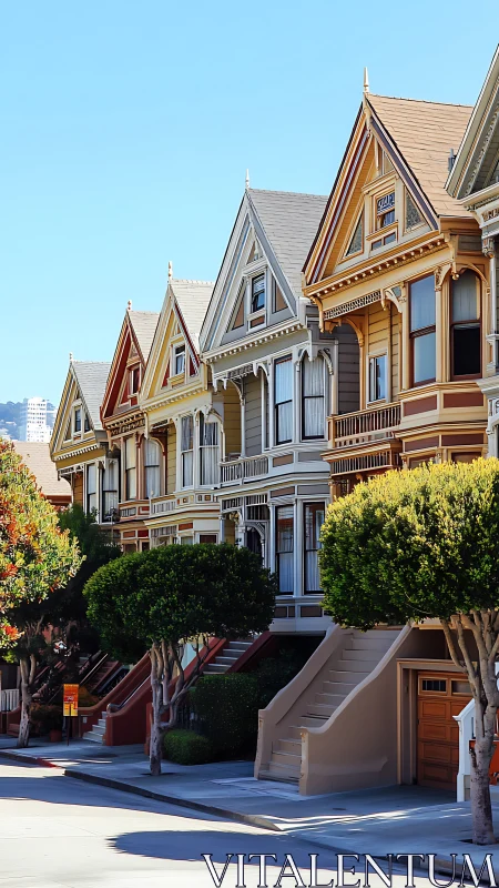 Painted Victorian houses glow under clear blue sky.