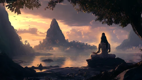 Tranquil mountain lake welcomes a serene sunset meditation