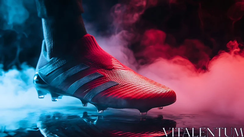 Red soccer boot in dramatic neon smoke-lit studio scene.