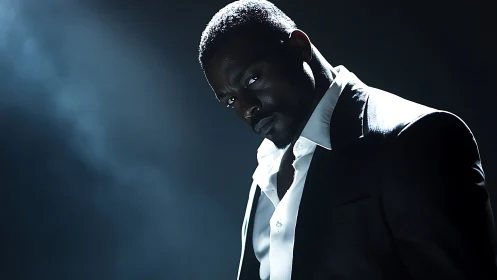 Low-key portrait of suited man under dramatic rim lighting