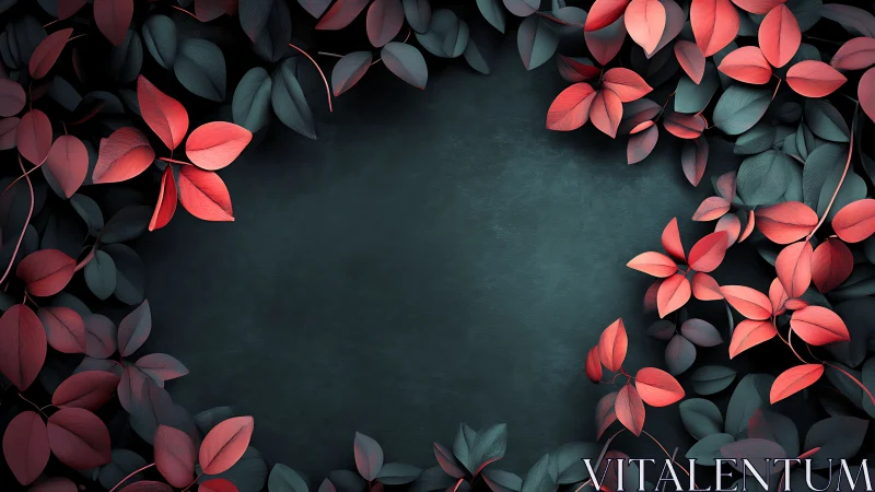 Coral red foliage frames deep teal textured center space.