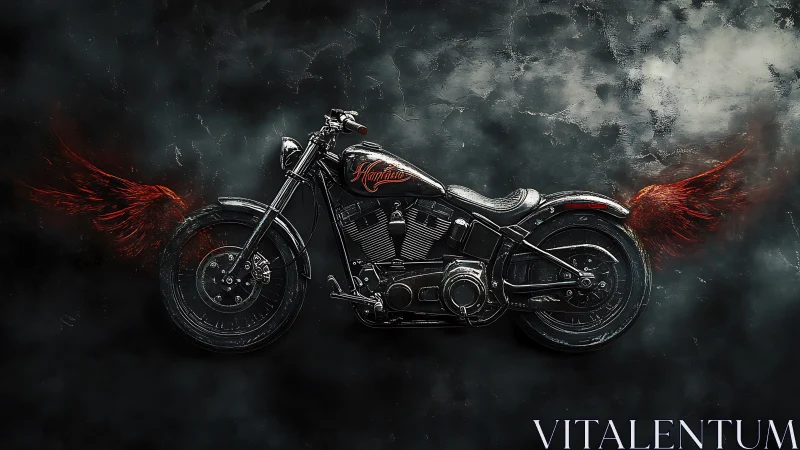 Custom black cruiser motorcycle with fiery ethereal wings profile