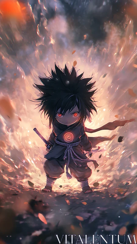 Fiery-eyed chibi warrior stands within swirling ember storm