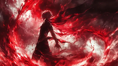 Backlit anime figure in turbulent red energy vortex field.