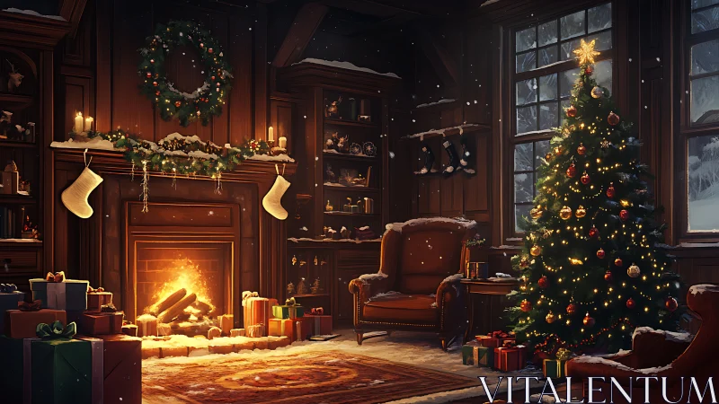 Interior view of decorated winter living room with tree.